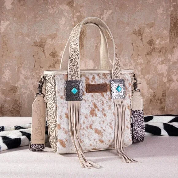 Wrangler Cowhide Tote Bag for Women Western Tooling Handbag Leather Fringing wit